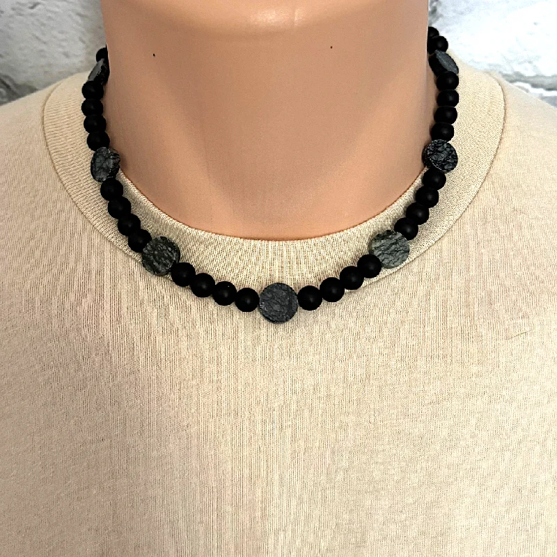 monogram necklace for women -Mens Matte Black Onyx and Picasso Serpentine Beaded Necklace