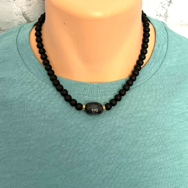 layered gold necklace for women -Mens Matte Black Onyx and Serpentine Nugget Beaded Necklace