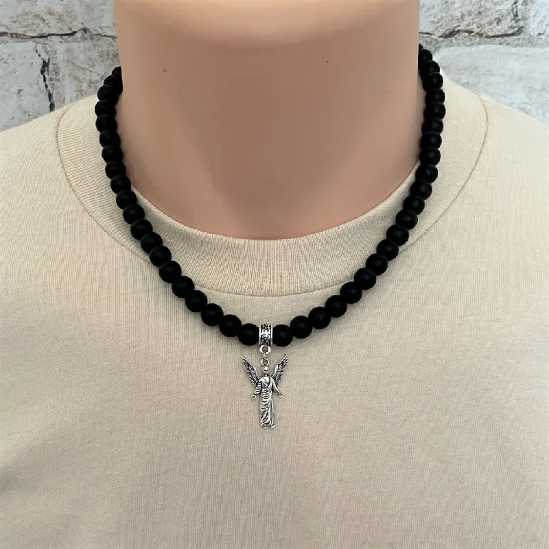 simple gold chain necklace -Mens Matte Black Onyx and Silver Arc Angel Beaded Necklace