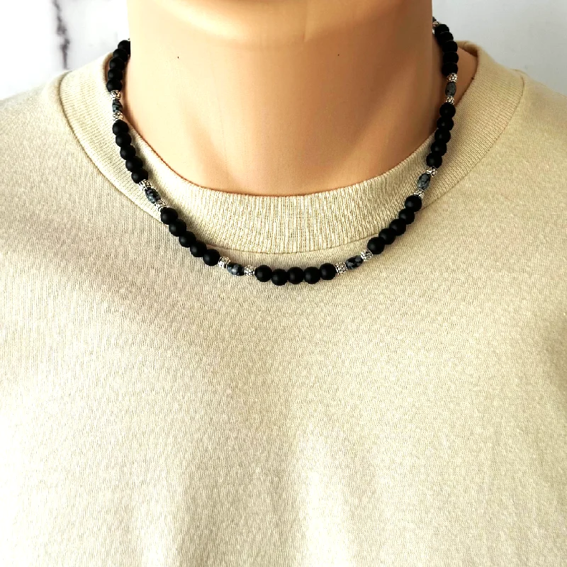 graduation necklace for girls -Mens Matte Black Onyx and Snowflake Obsidian Beaded Necklace