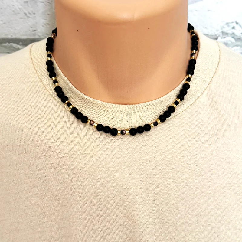 minimalist necklace for everyday wear -Mens Matte Black Onyx and Two Tone Czech Beaded Necklace