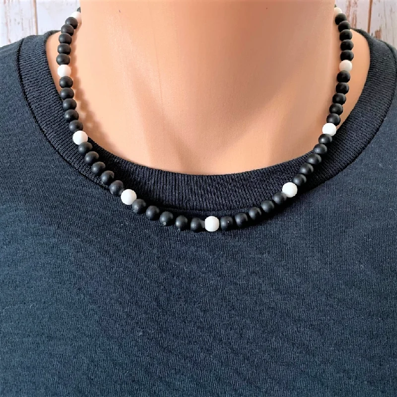 silver chain necklace for men -Mens Matte Black Onyx and White Beaded Necklace