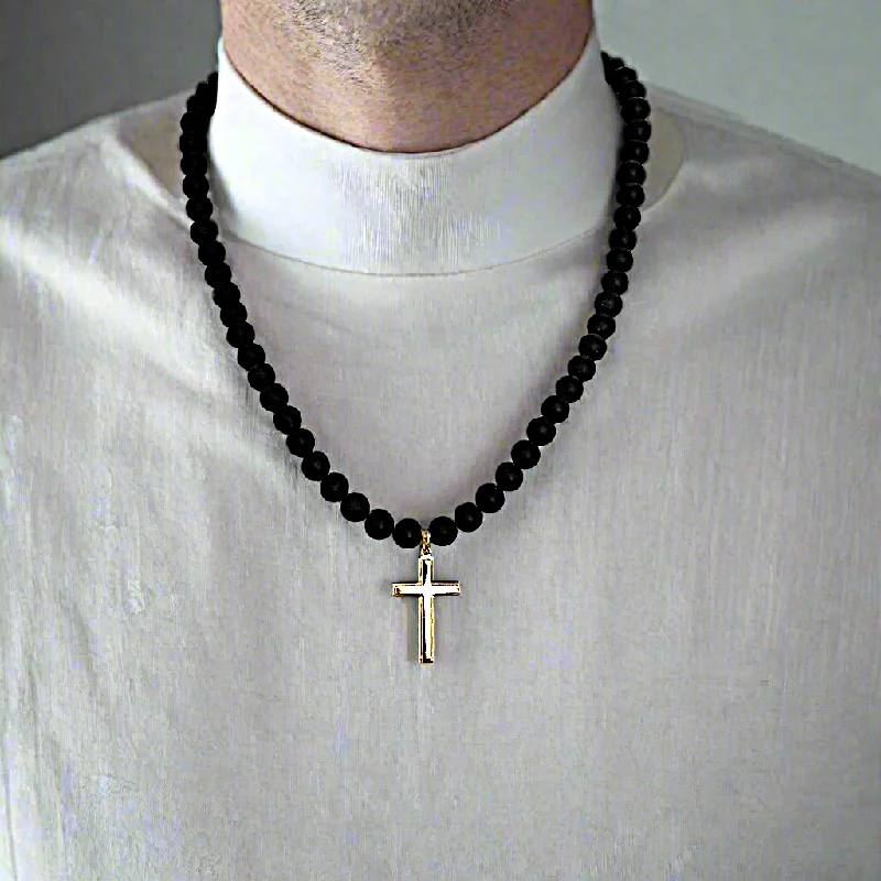 diamond heart necklace for women -Mens Matte Black Onyx Beaded Necklace with Gold Sterling Silver Cross