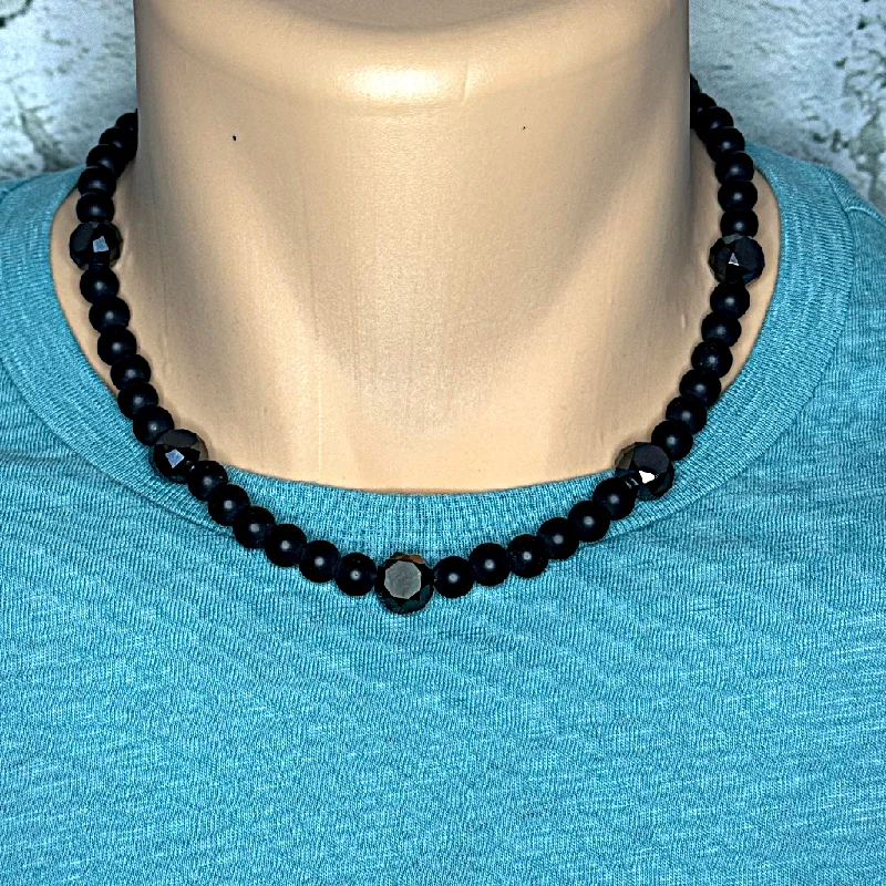 angel wing necklace for remembrance -Mens Matte Black Onyx Round and Faceted Beaded Necklace