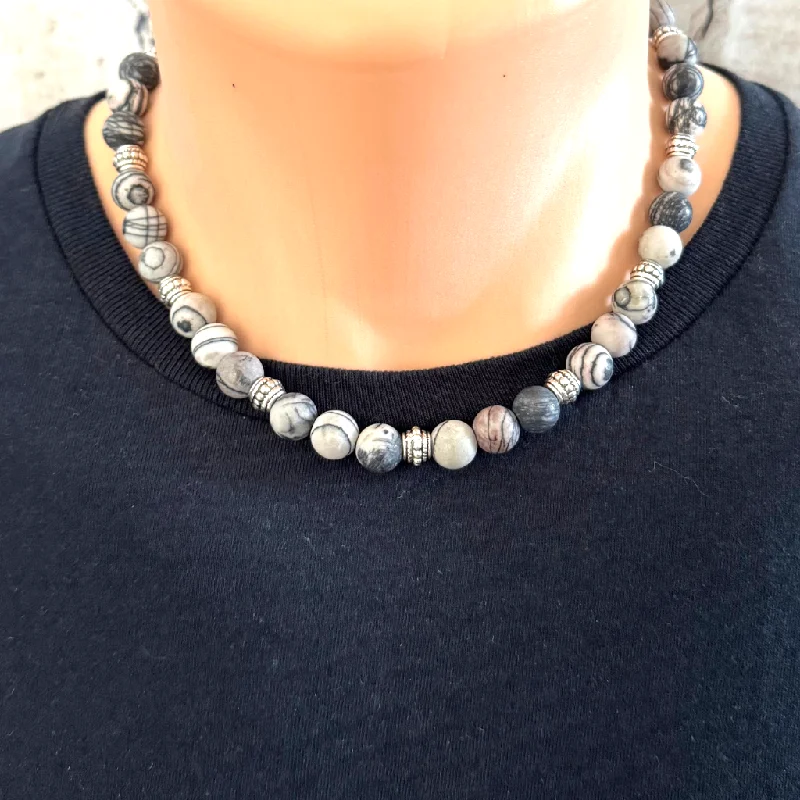 diamond necklace for women -Mens Matte Black Water Jasper 10mm Beaded Necklace