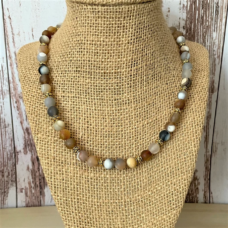 gold coin necklace for women -Mens Matte Blaze Agate and Gold Beaded Necklace