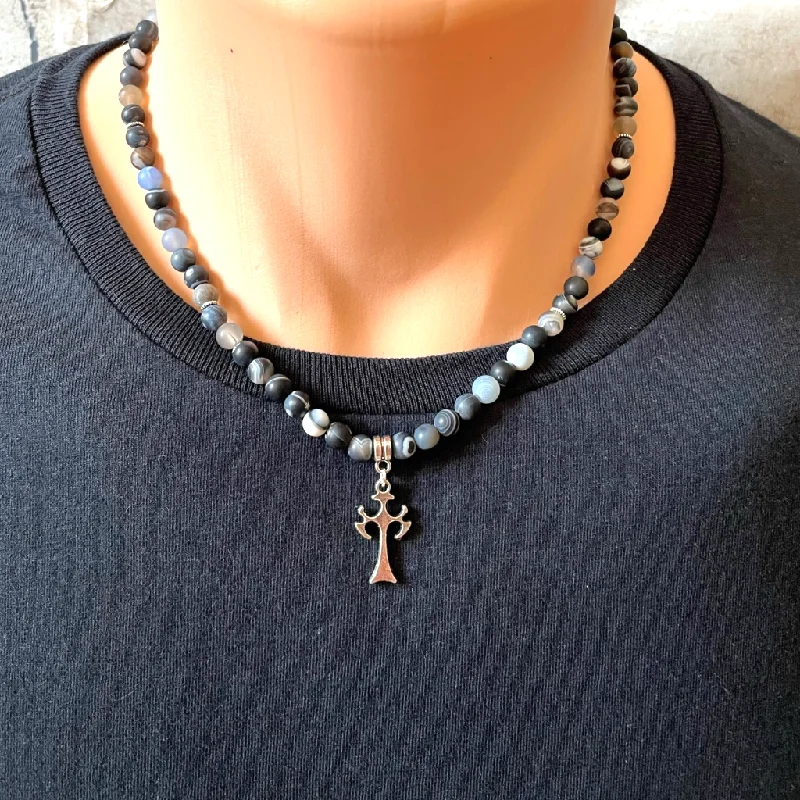 personalized birthstone necklace for moms -Mens Matte Blue Storm Line Agate Silver Cross Necklace