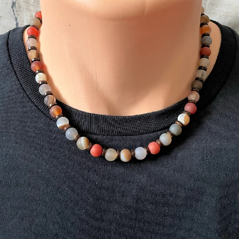 zodiac sign necklace for women -Mens Matte Carnelian, Agate, and Wood Beaded Necklace