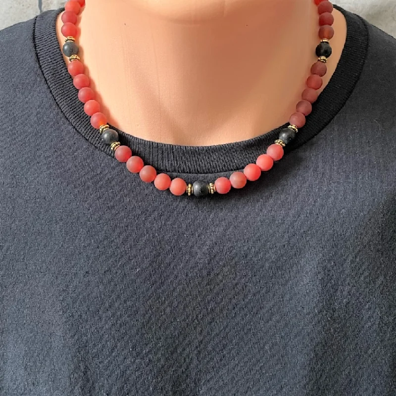 butterfly necklace for girls -Mens Matte Carnelian and Matte Black Onyx Beaded Necklace