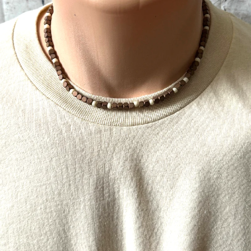 crystal pendant necklace for women -Mens Matte Copper Hexagon and Beige Toho Beaded Necklace