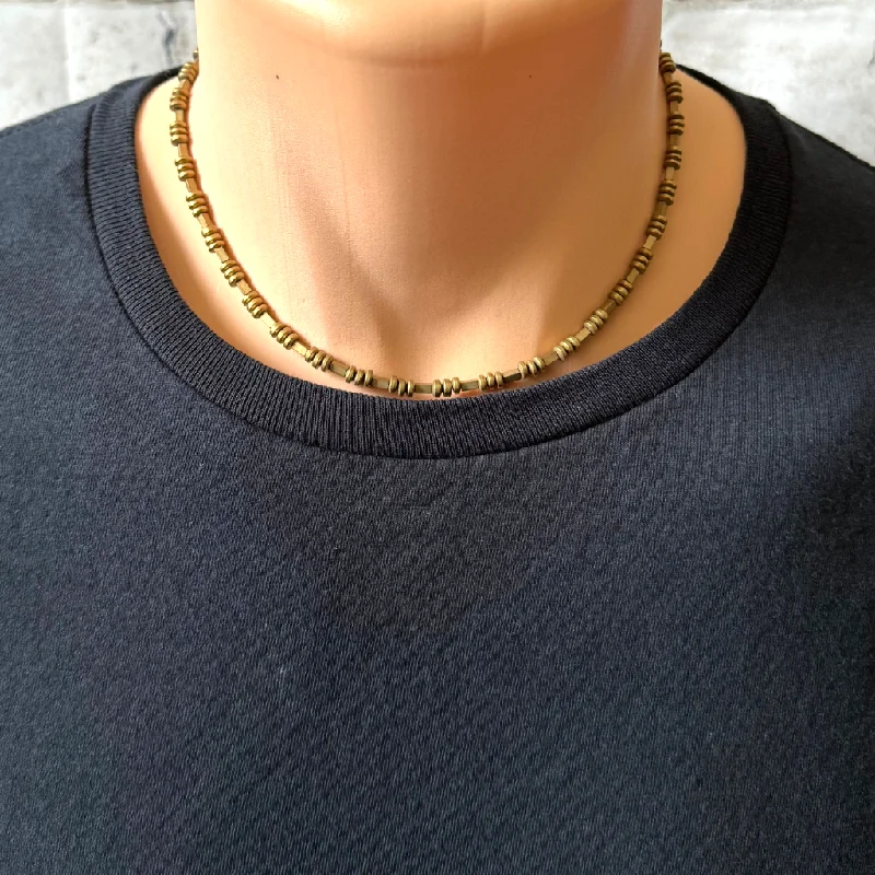 geometric necklace for women -Mens Matte Gold Hematite Disc and Tube Beaded Necklace