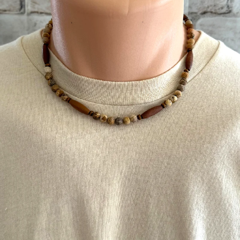 gold necklace for women -Mens Matte Picture Jasper and Elongated Wood Bead