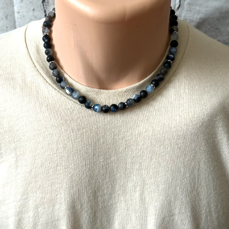 zodiac sign necklace for women -Mens Midnight Blue Matte Agate and Silver Necklace