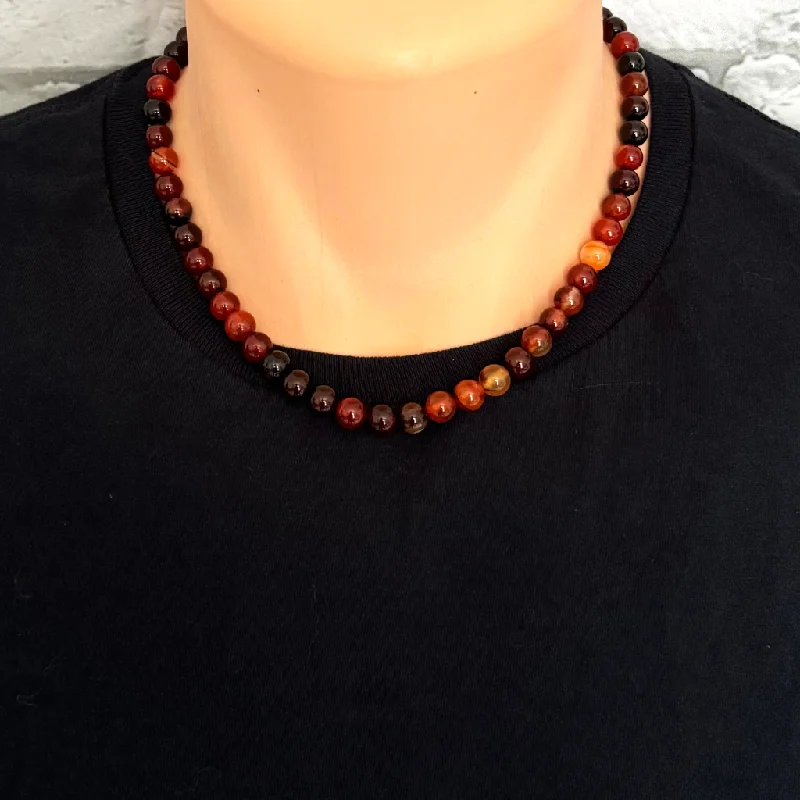 infinity necklace for couples -Mens Orange and Black Agate Beaded Necklace