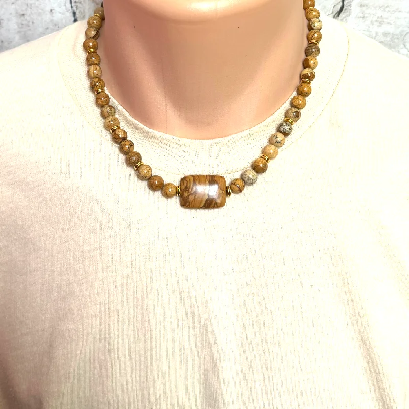 pearl choker necklace for brides -Mens Picture Jasper Beaded Stone Necklace