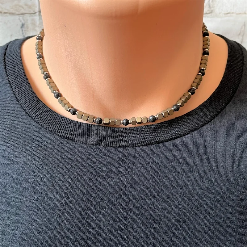 bold statement necklace for women -Mens Pyrite Hexagon and Black Lava Beaded Necklace