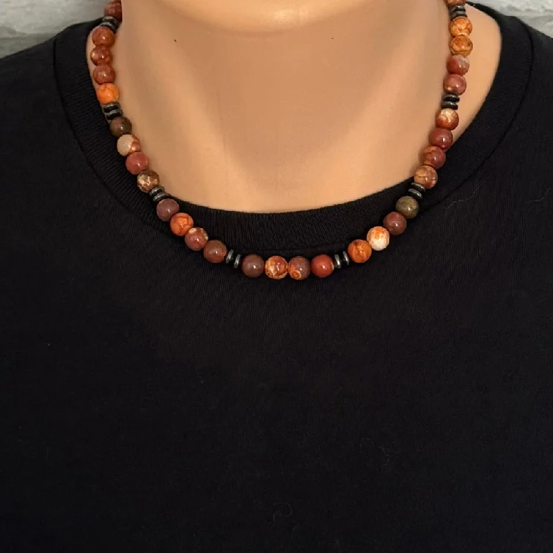 crystal healing necklace for women -Mens Red Bend Jasper and Gunmetal Hematite Beaded Necklace