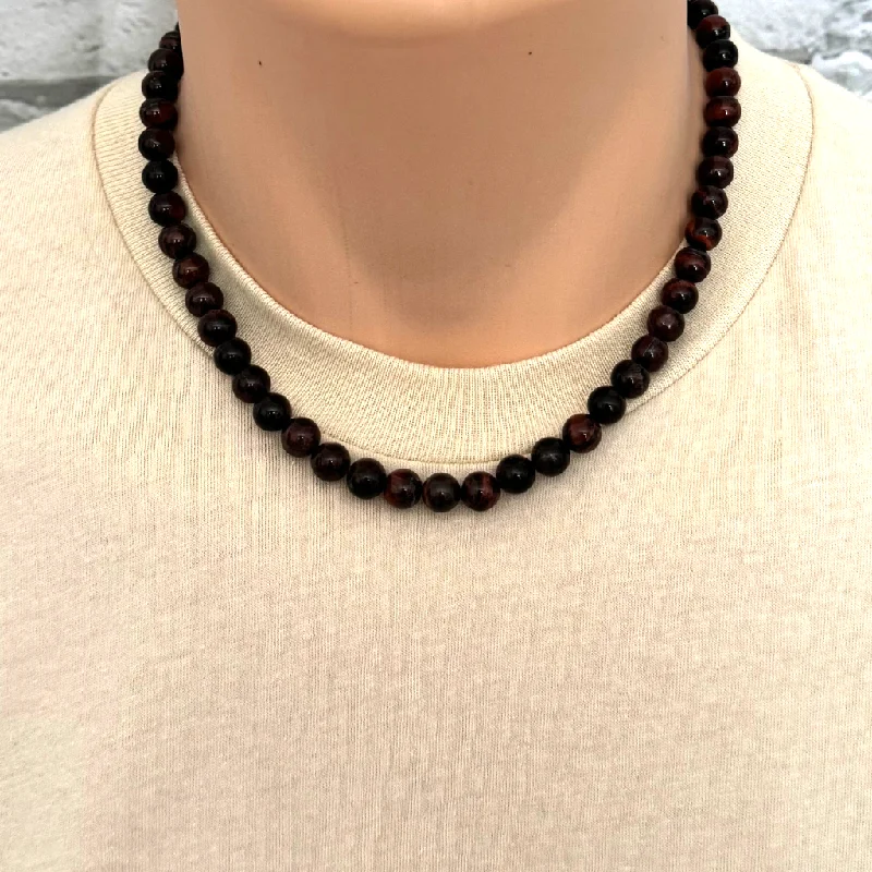 bar necklace with engraving -Mens Red Tiger Eye Beaded Necklace