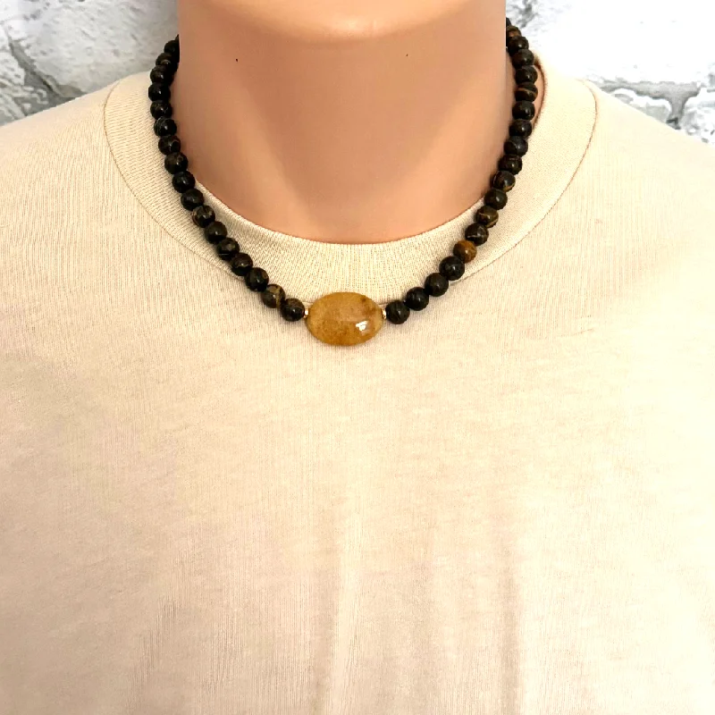 men’s dog tag necklace -Mens Rhyolite and Quartzite Stone Beaded Necklace