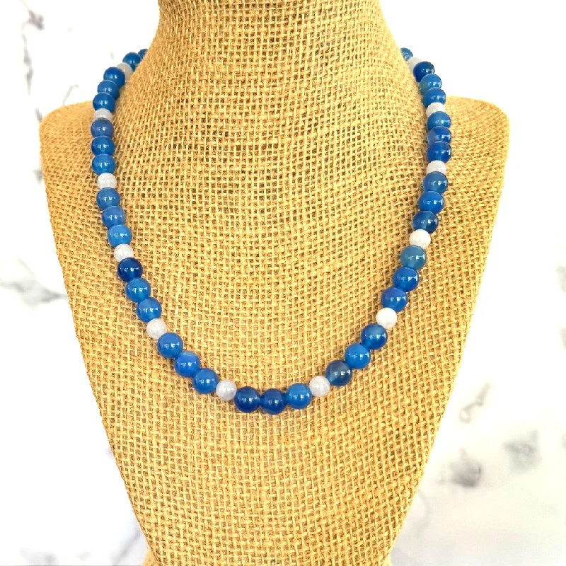 gold locket necklace for women -Mens Sapphire and Aquamarine Blue Agate Beaded Necklace