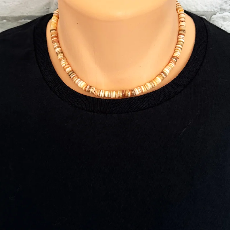 rose gold necklace for women -Mens Shell Disc Beaded Necklace