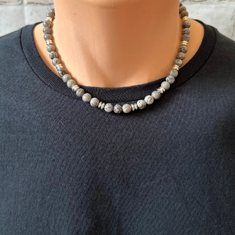 simple gold chain necklace -Mens Silver Crazy Lace Agate and Silver Beaded Necklace