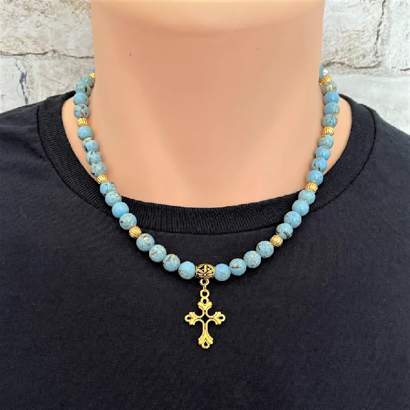 dainty necklace for layering -Mens Sky Blue Mosaic and Gold Cross Necklace