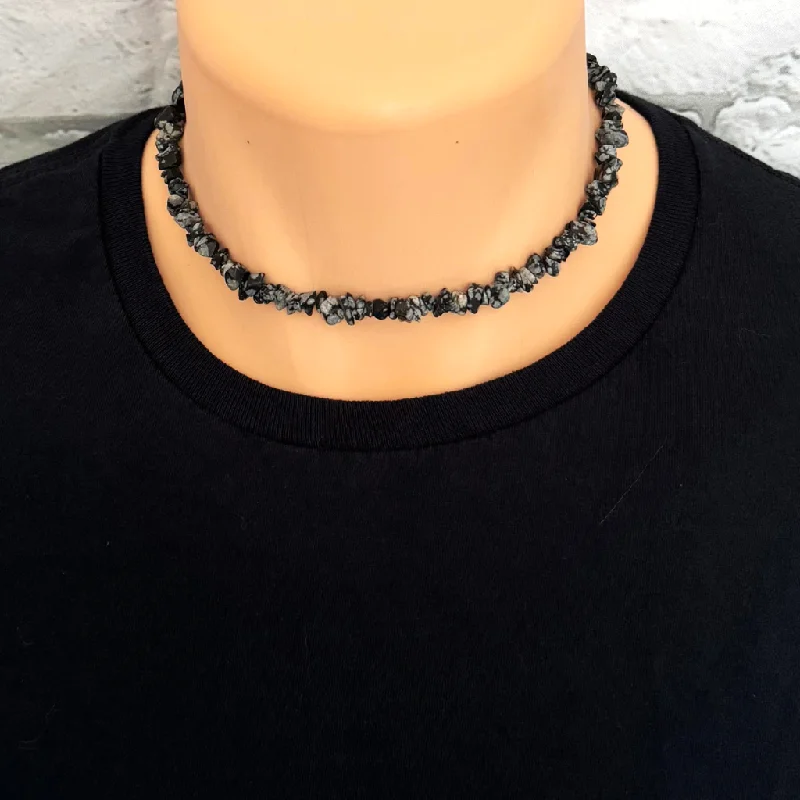 choker necklace for women -Mens Snowflake Obsidian Chip Beaded Necklace