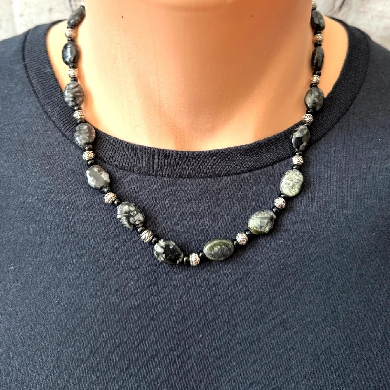 birthstone necklace for moms -Mens Snowflake Obsidian Oval Beaded Necklace