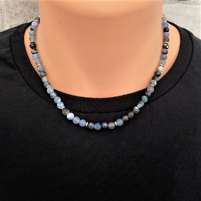 spiritual necklace for protection -Mens Storm Line Blue Agate Beaded Necklace