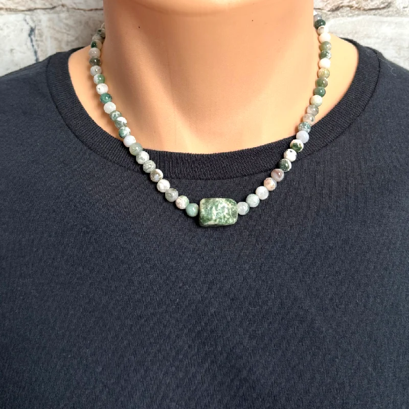 vintage necklace for women -Mens Tree Agate Stone Necklace