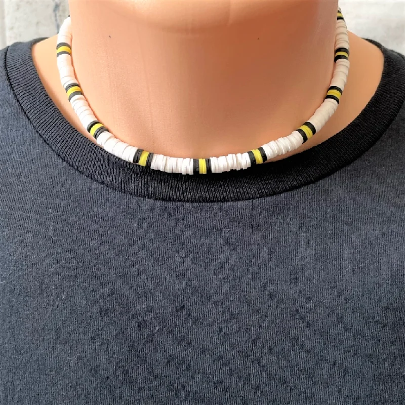 evil eye necklace for protection -Mens White Black and Yellow Polymer Beaded Necklace