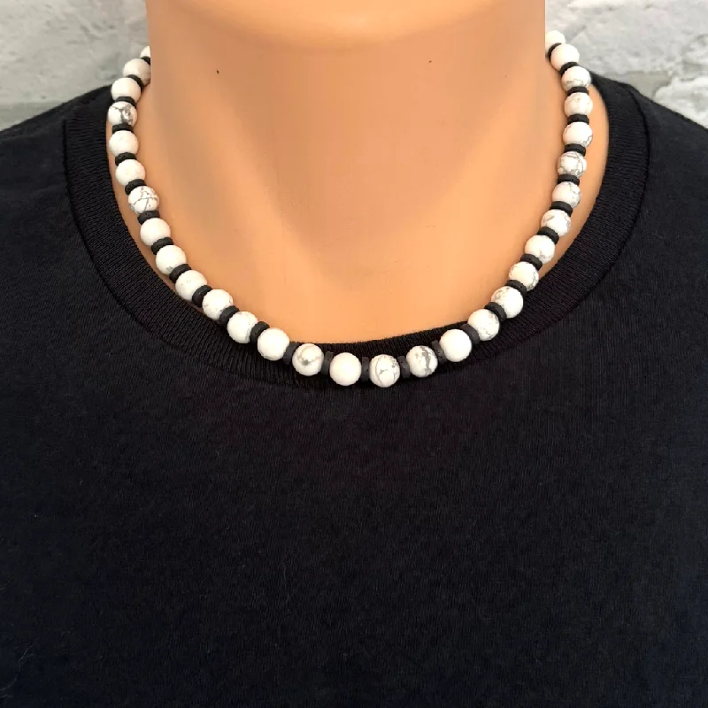 dainty necklace for layering -Mens White Howlite and Black Lava Beaded Necklace