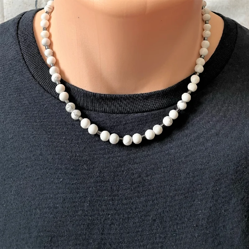 sterling silver necklace for men -Mens White Howlite and Hematite Seed Bead Necklace