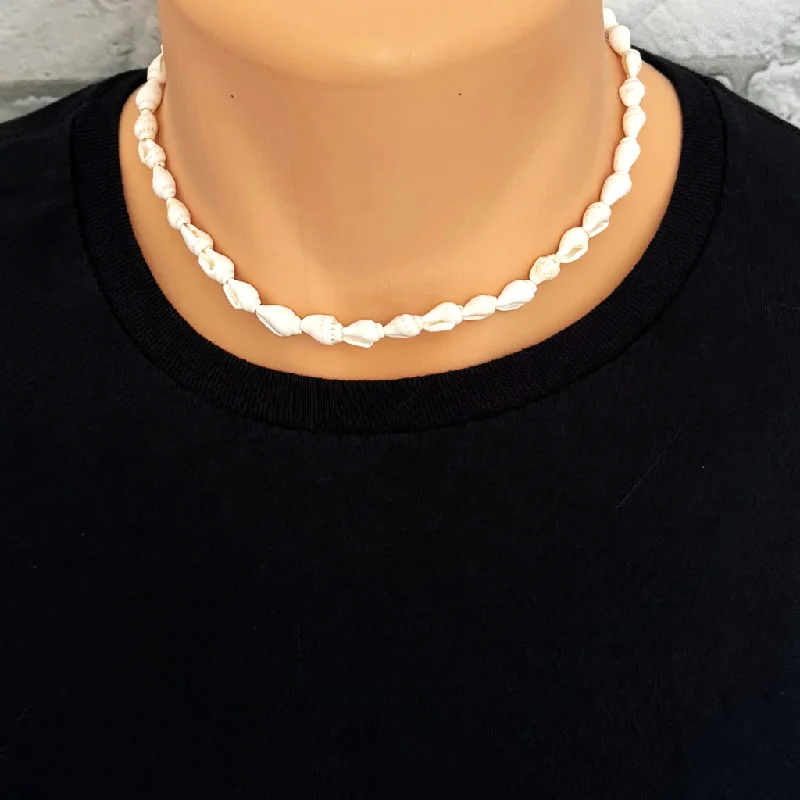 pearl necklace for brides -Mens White Puka Shell Necklace