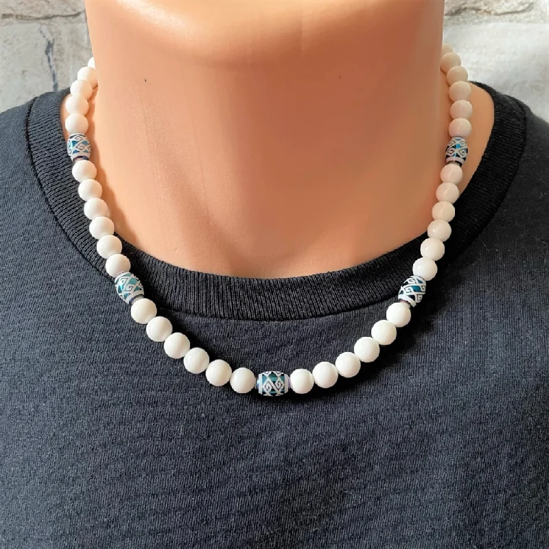 bar necklace with engraving -Mens White Shell and Blue Metallic Glass Beaded Necklace