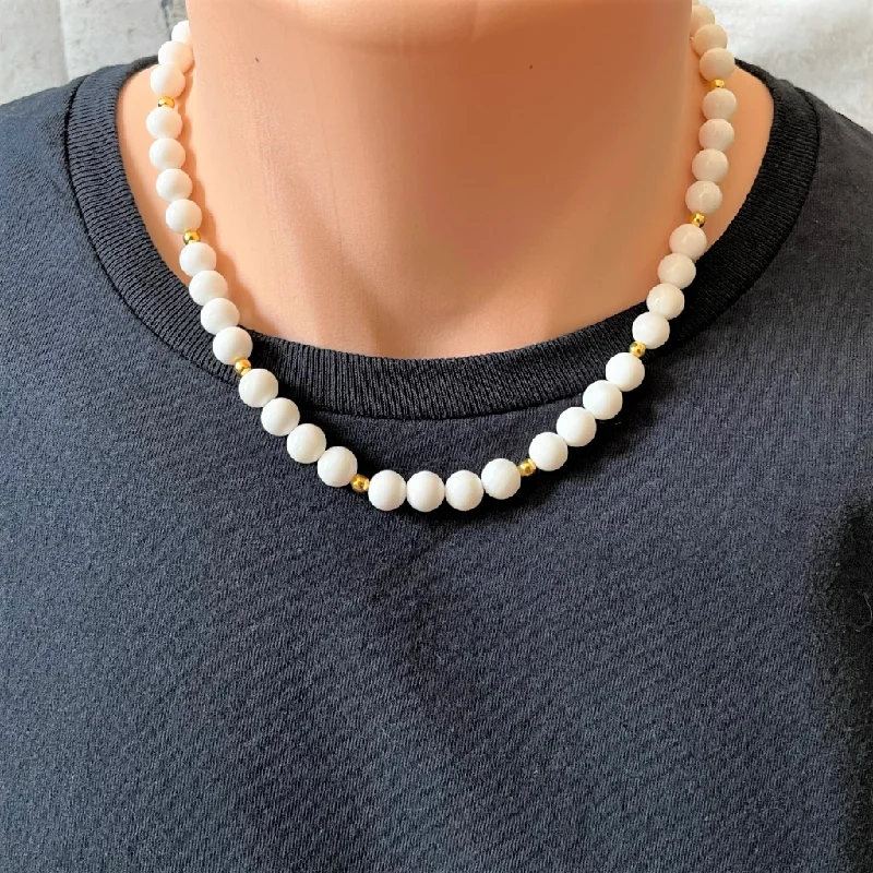 layered gold necklace for women -Mens White Shell and Gold Beaded Necklace