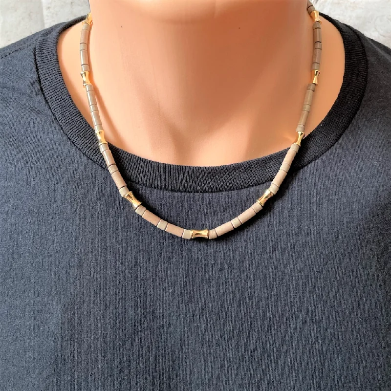 adjustable necklace for women -Mushroom Agate Tube Bead and Gold Metal Mens Necklace