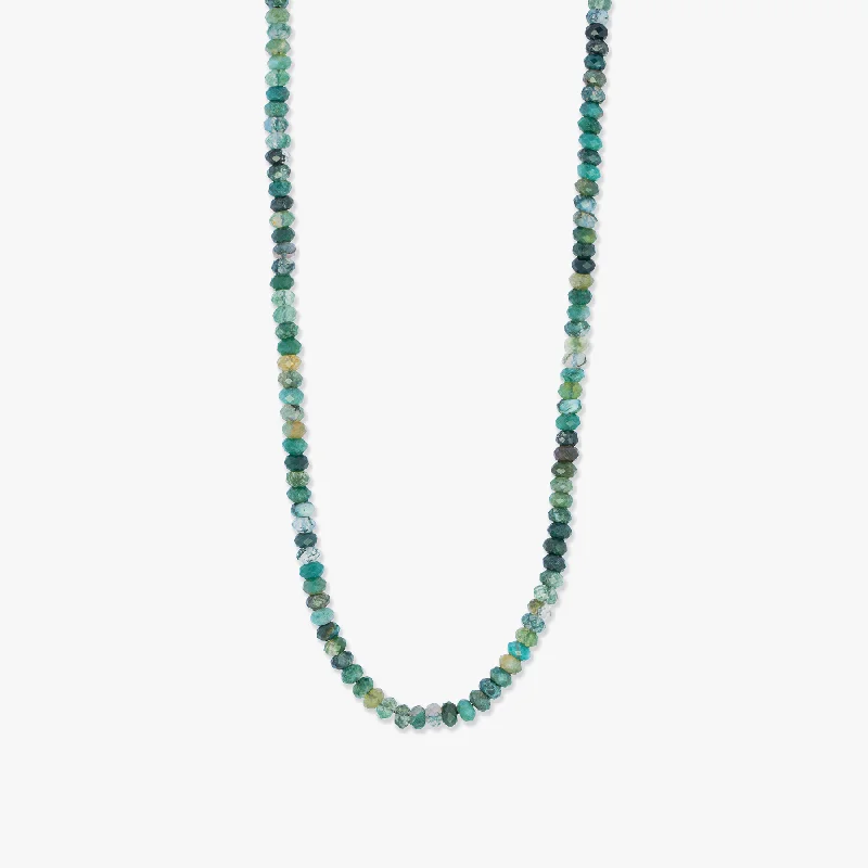 simple gold chain necklace -Nodo Beaded Necklace in Rhodium Silver with Green Moss Agate