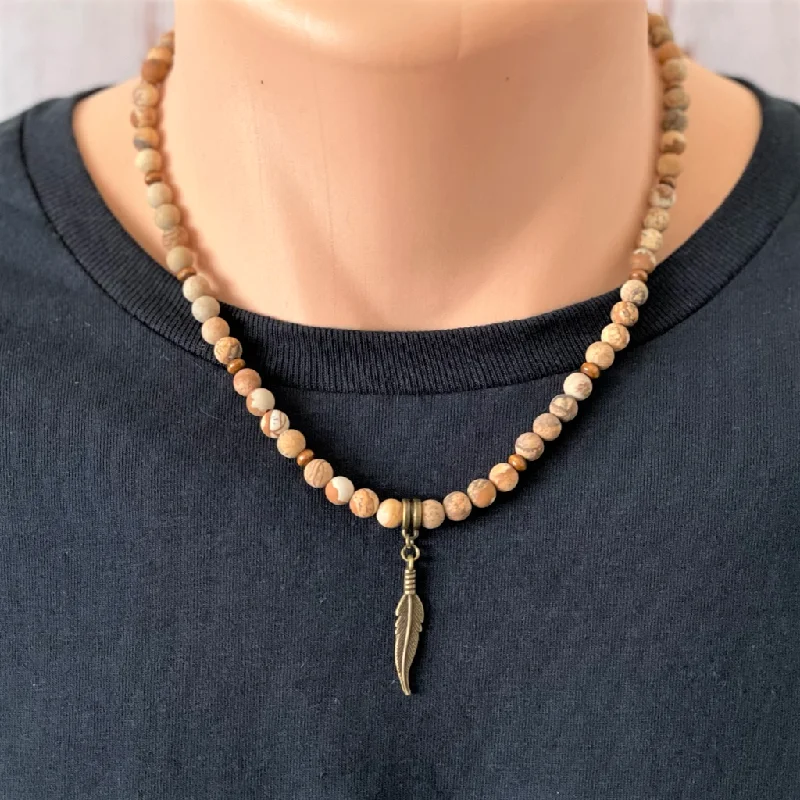 personalized name necklace for women -Picture Jasper Matte and Wood Brown Mens Beaded Necklace with Brass Feather