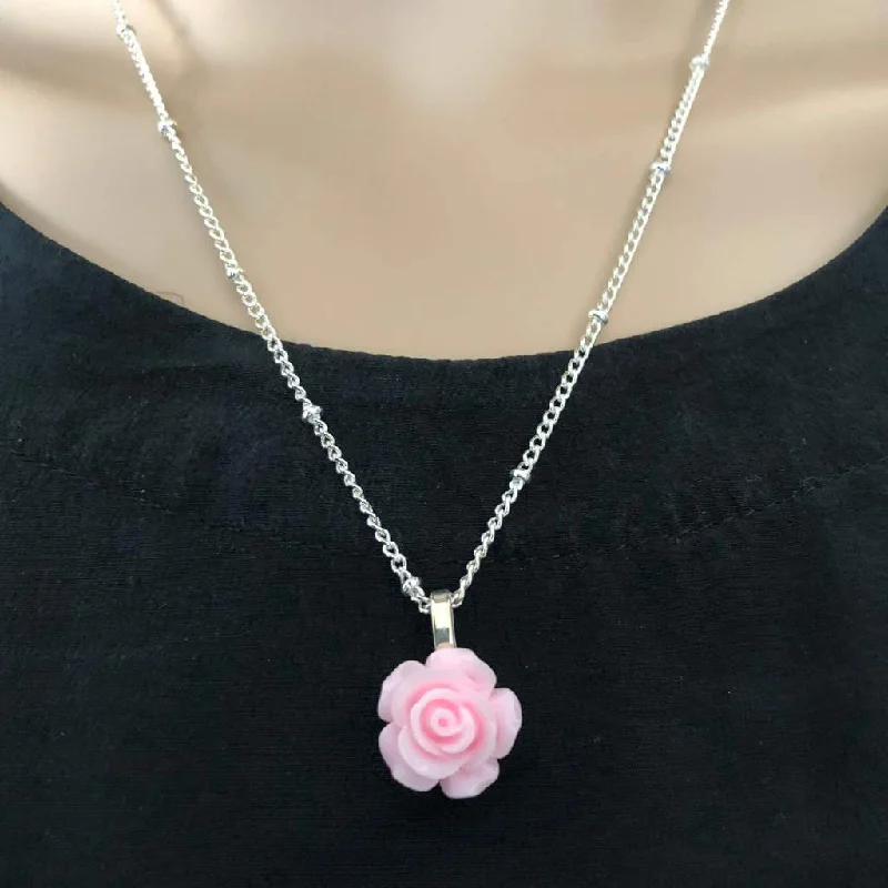 men’s chain necklace -Pink Rose Flower Pendant Necklace