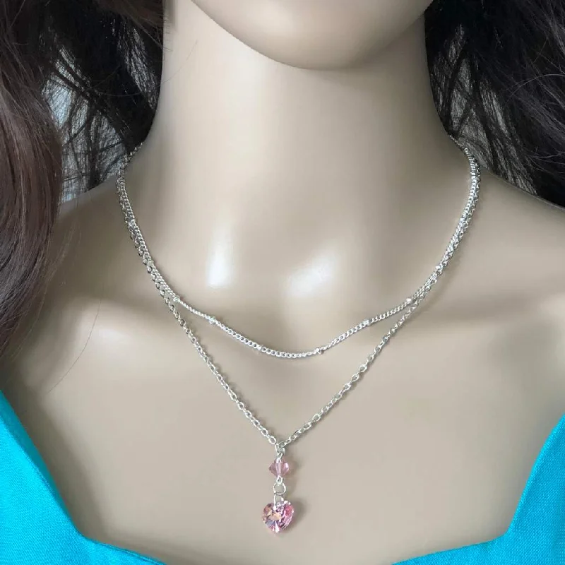 rose gold necklace for women -Pink Swarovski Crystal Heart and Stone Layered Silver Necklace