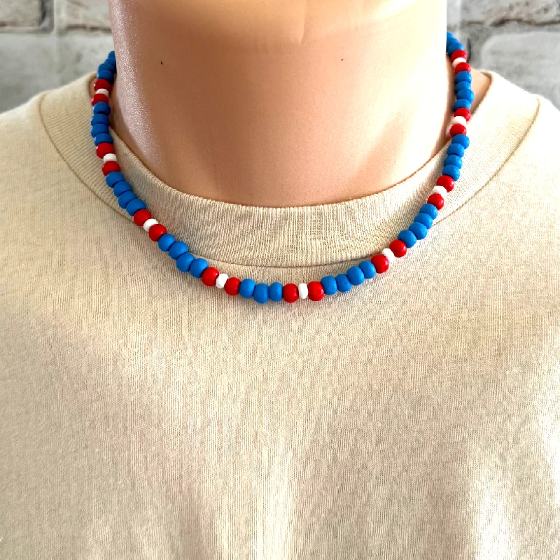 rose quartz necklace for women -Red White and Blue Wood Beaded Mens Necklace