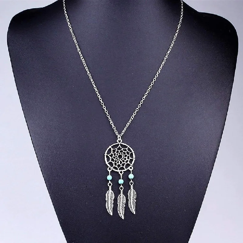 geometric necklace for women -Silver Dream Catcher Necklace