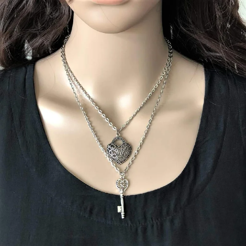 gemstone necklace for women -Silver Heart and Key Layered Necklace