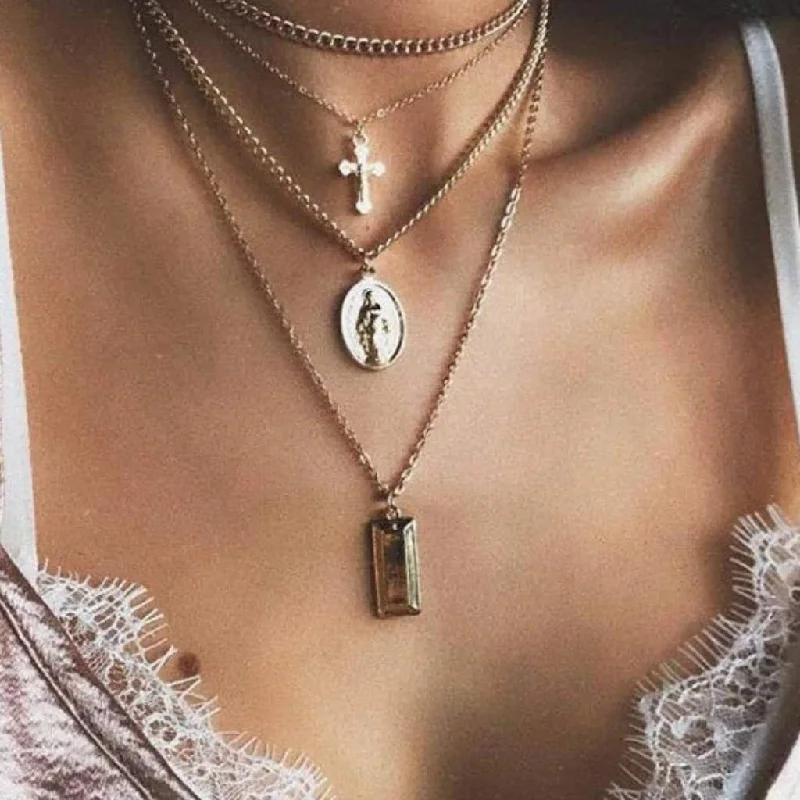 simple gold chain necklace -Silver Layered Mother Mary and Cross Necklace