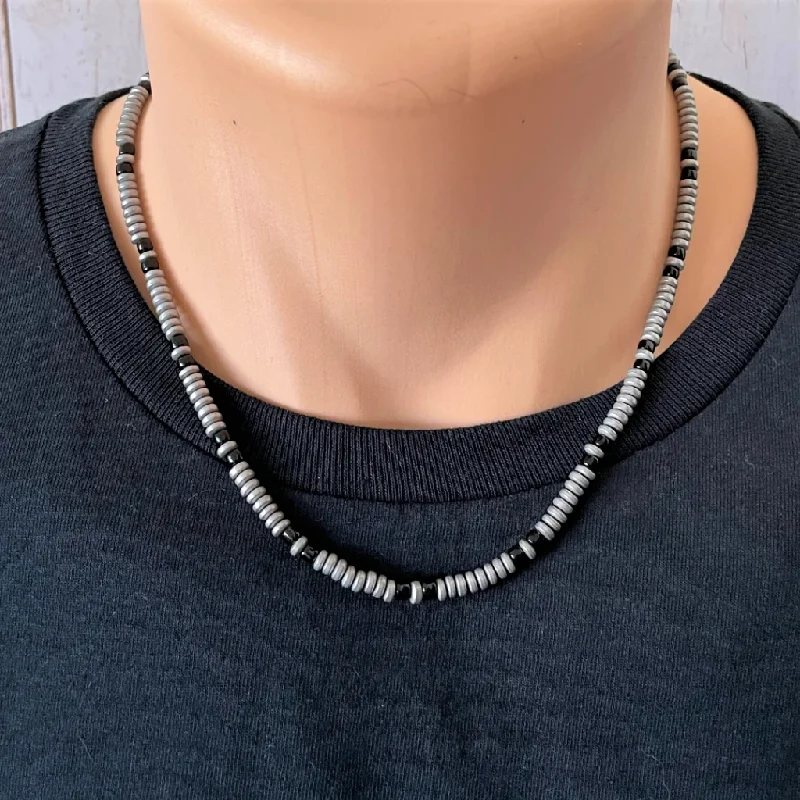 vintage necklace for women -Silver Matte Hematite and Black Toho Beaded Necklace