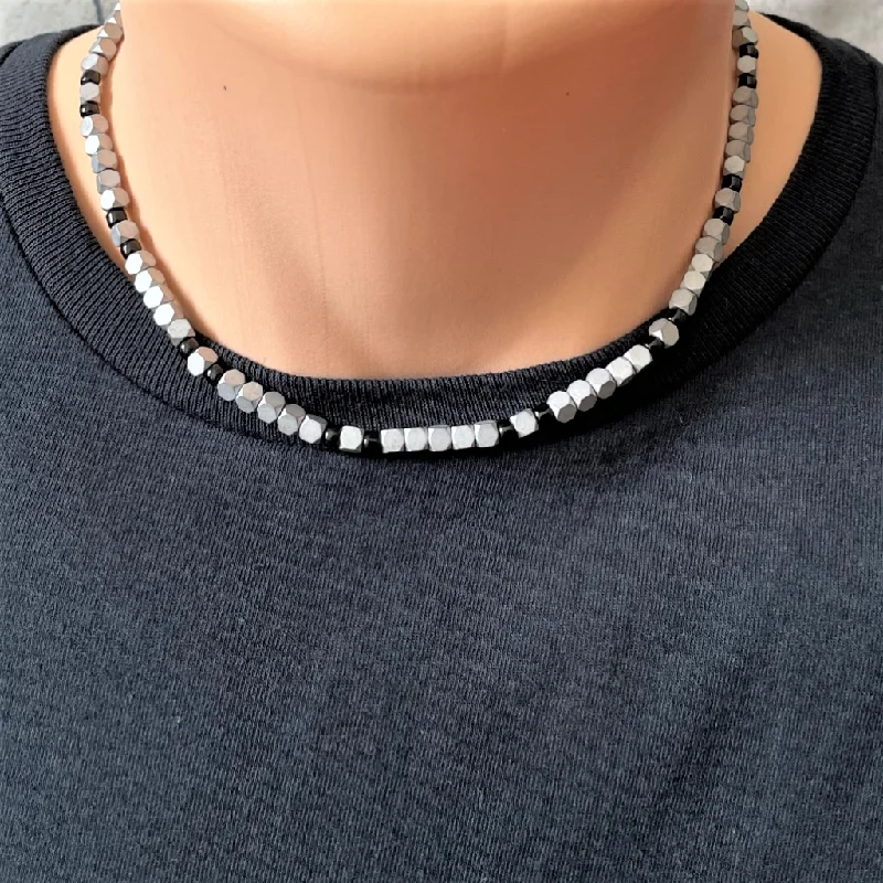 diamond necklace for women -Silver Matte Hexcut and Black Onyx Mens Beaded Necklace