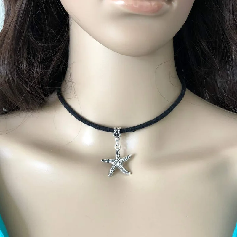 pearl choker necklace for brides -Silver Starfish Charm Choker