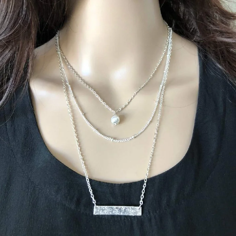 dainty necklace for layering -Silver Triple Layered Bar and Pearl Necklace